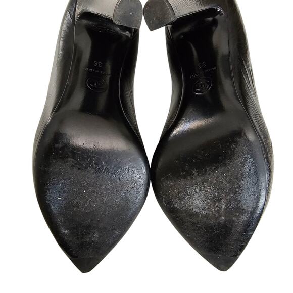 Chanel CC Patent Leather Pointed Cap Toe Pump Heel Size 39 US 8 8.5 Black Silver - Picture 7 of 13